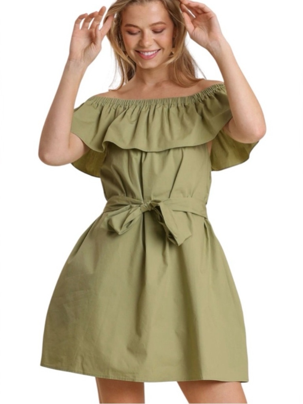 Olive Green Ruffle Off Shoulder with Self Sash Dress - Picture 6 of 8